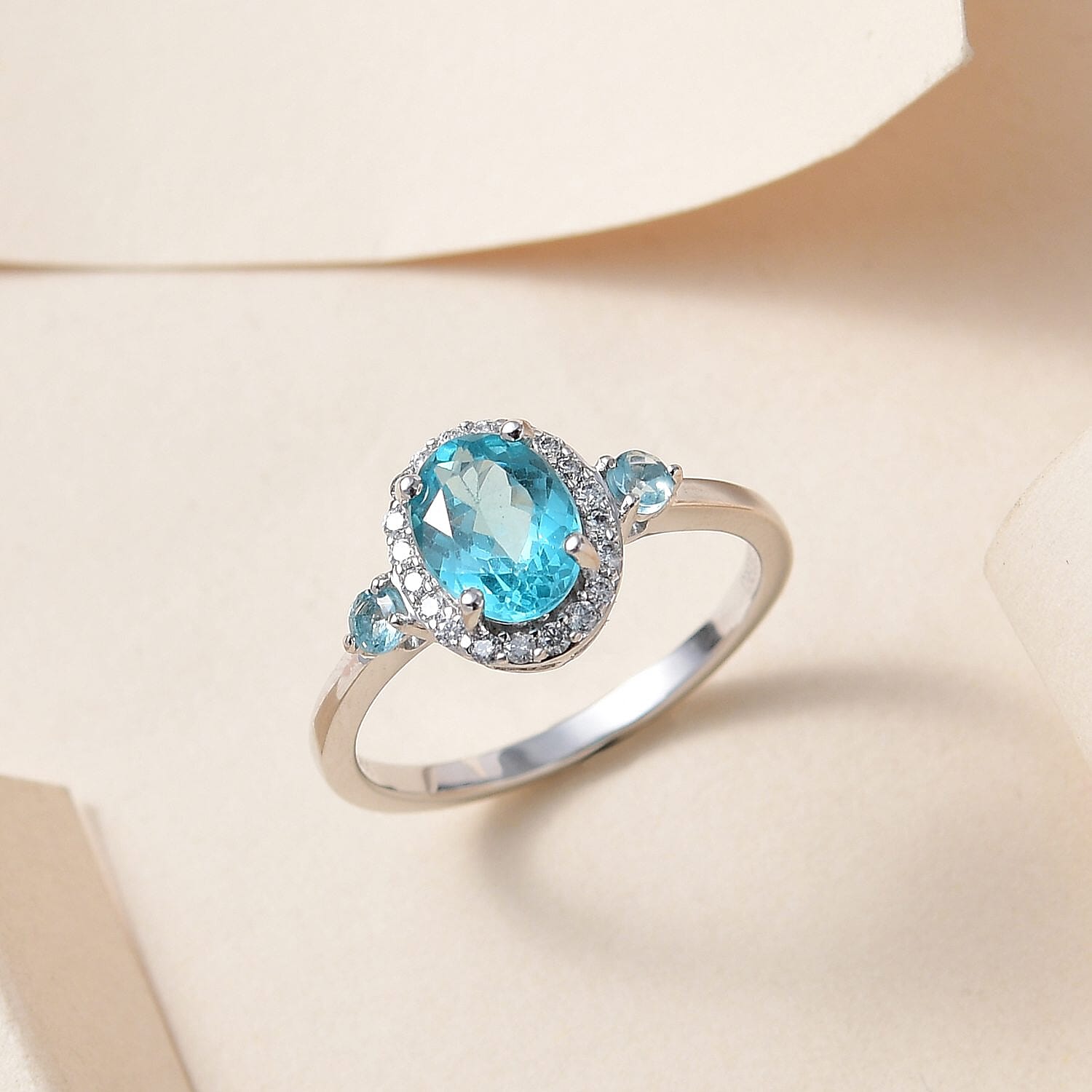 LUXORO 10K White Gold Premium Madagascar Paraiba Apatite and Multi Gemstone Halo Ring 2.35 Grams 1.75 ctw