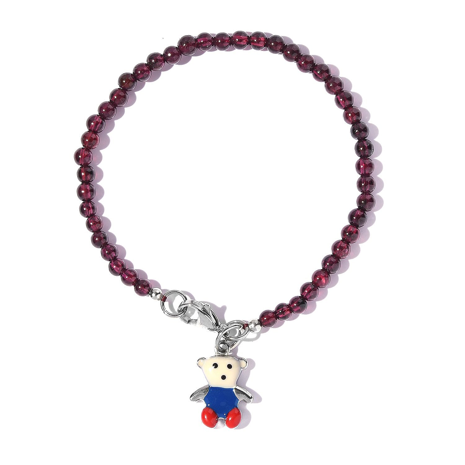 Kuisa Rainbow Moonstone Beaded Bracelet with Teddy Bear Charm in Stainless Steel (7.25 In) 27.50 ctw