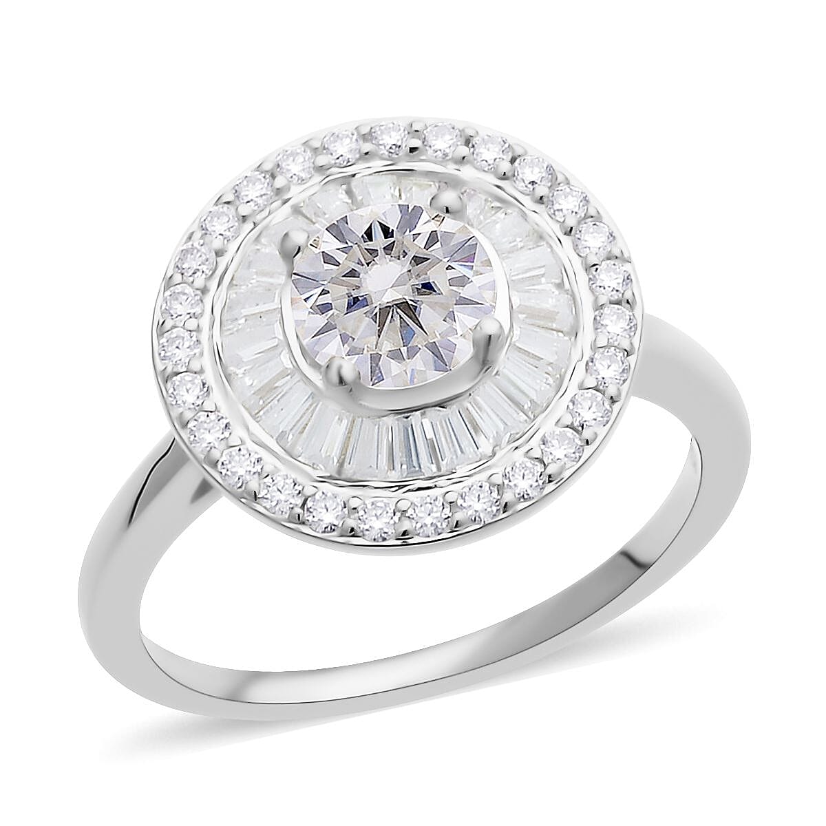 Moissanite Double Halo Ring in Rhodium Over Sterling Silver 1.85 ctw