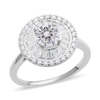 Moissanite Double Halo Ring in Rhodium Over Sterling Silver 1.85 ctw