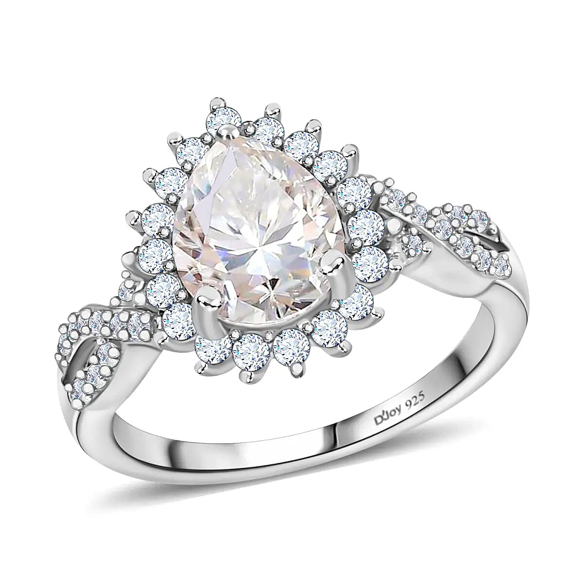 Moissanite (Pear 9x7mm) Split Shank Ring in Platinum Over Sterling Silver (Size 10.0) 2.15 ctw