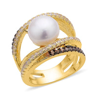 White Freshwater Pearl, Simulated Champagne and White Diamond Ring in Goldtone (Size 10.0) 0.90 ctw