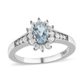 Premium Mangoro Aquamarine, Moissanite Sunburst Ring in Platinum Over Sterling Silver (Size 10) 0.65 ctw - Sticky add to cart bar