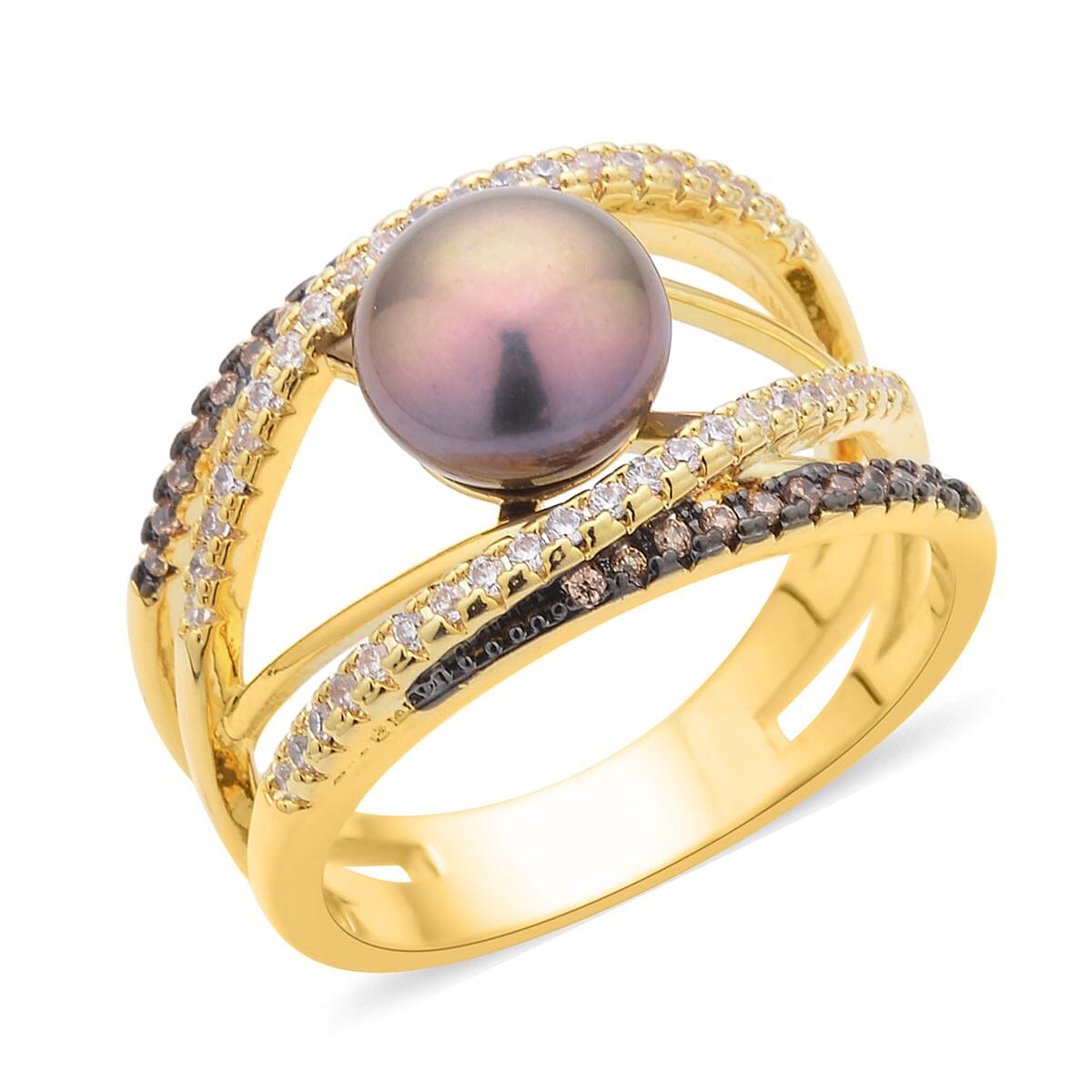 White Freshwater Pearl, Simulated Champagne and White Diamond Ring in Goldtone (Size 10.0) 0.90 ctw