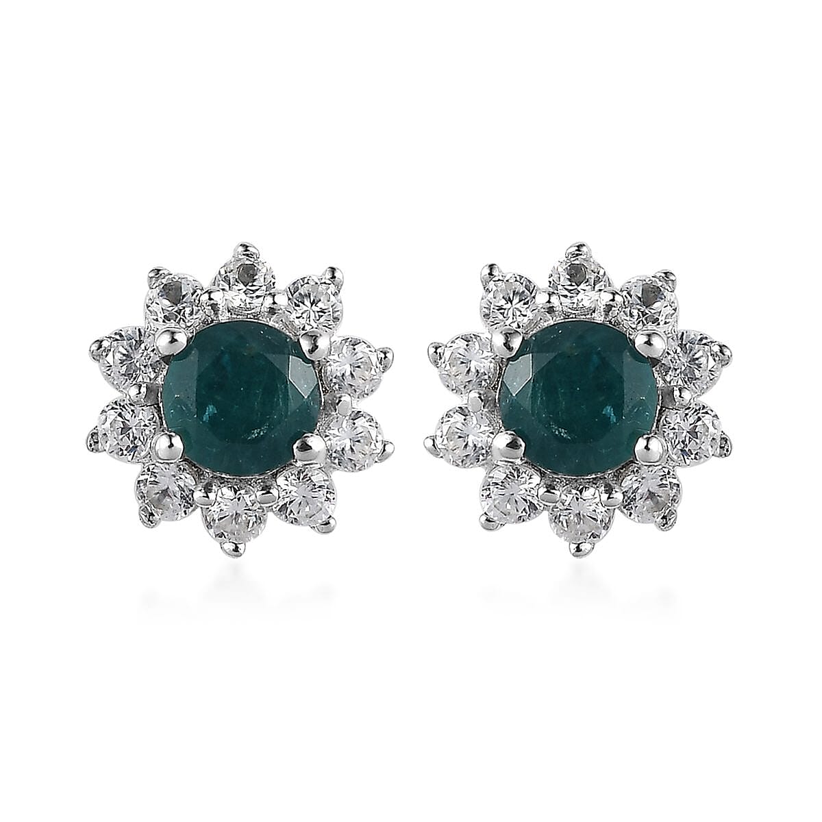AAA Grandidierite and White Zircon Sunburst Stud Earrings in Platinum Over Sterling Silver 0.90 ctw