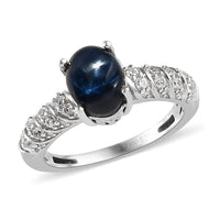 Thai Blue Star Sapphire, Natural White Zircon Ring in Platinum Over Sterling Silver 2.50 ctw