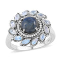 Thai Blue Star Sapphire(DF) and Multi Gemstone Floral Ring in Platinum Over Sterling Silver (Delivery in 7-10 Business Days) 5.00 ctw - Sticky add to cart bar