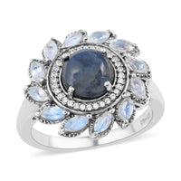 Thai Blue Star Sapphire(DF) and Multi Gemstone Floral Ring in Platinum Over Sterling Silver (Delivery in 7-10 Business Days) 5.00 ctw