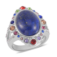 Lapis Lazuli and Multi Color Austrian Crystal Halo Ring in Stainless Steel 2.50 ctw