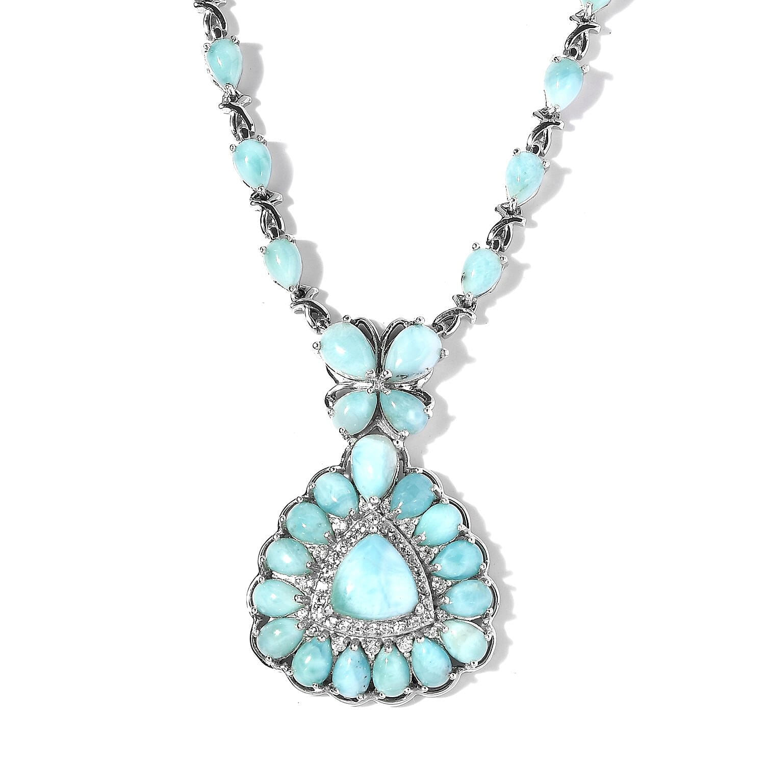 Premium Larimar and White Zircon Necklace 18 Inches in Platinum Over Sterling Silver 23.10 ctw