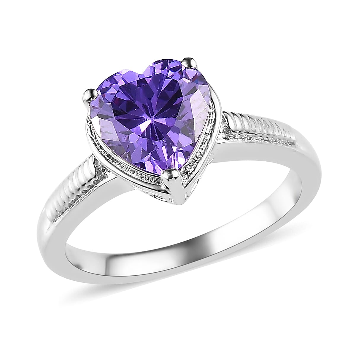 Karis Simulated Blue Diamond Solitaire Heart Ring in Platinum Bond (Size 11.0) 3.15 ctw