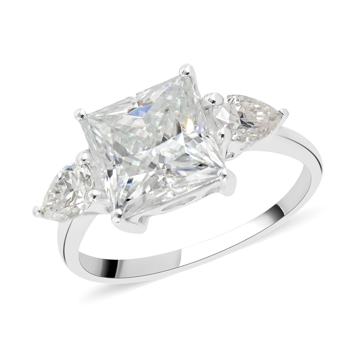 Brilliant Cut Moissanite 3 Stone Ring in Platinum Over Sterling Silver 4.90 ctw