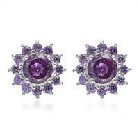 Simulated Amethyst Diamond Floral Stud Earrings in Sterling Silver 3.85 ctw