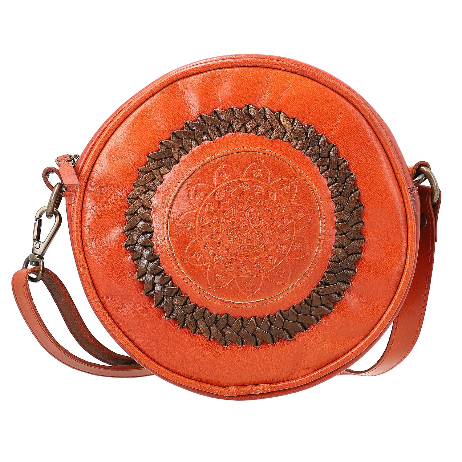 100% Genuine leather weaving round croosbody bag  SIZE: 7(L)x2.4(W)x7(H)Inches   COLOR: Cognac