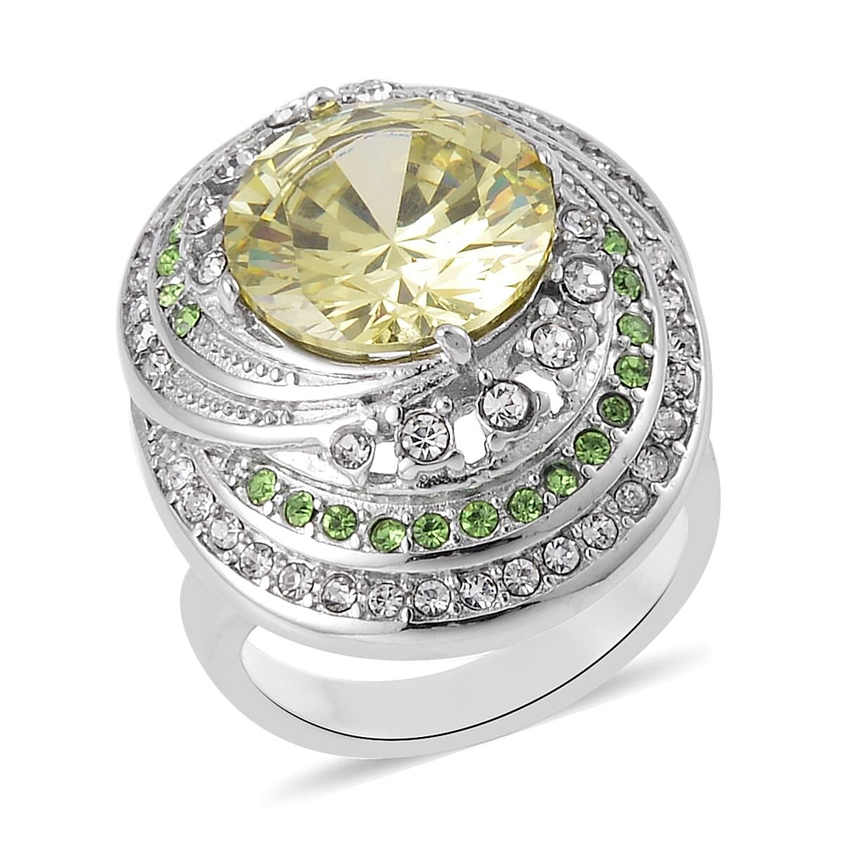 Simulated Yellow Sapphire, Neon Green and White Austrian Crystal Ring in Stainless Steel