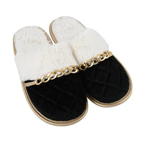 Sole Selection Black Quilted Plush Slippers with Gold Chain ( Ships in 8-10 Days).