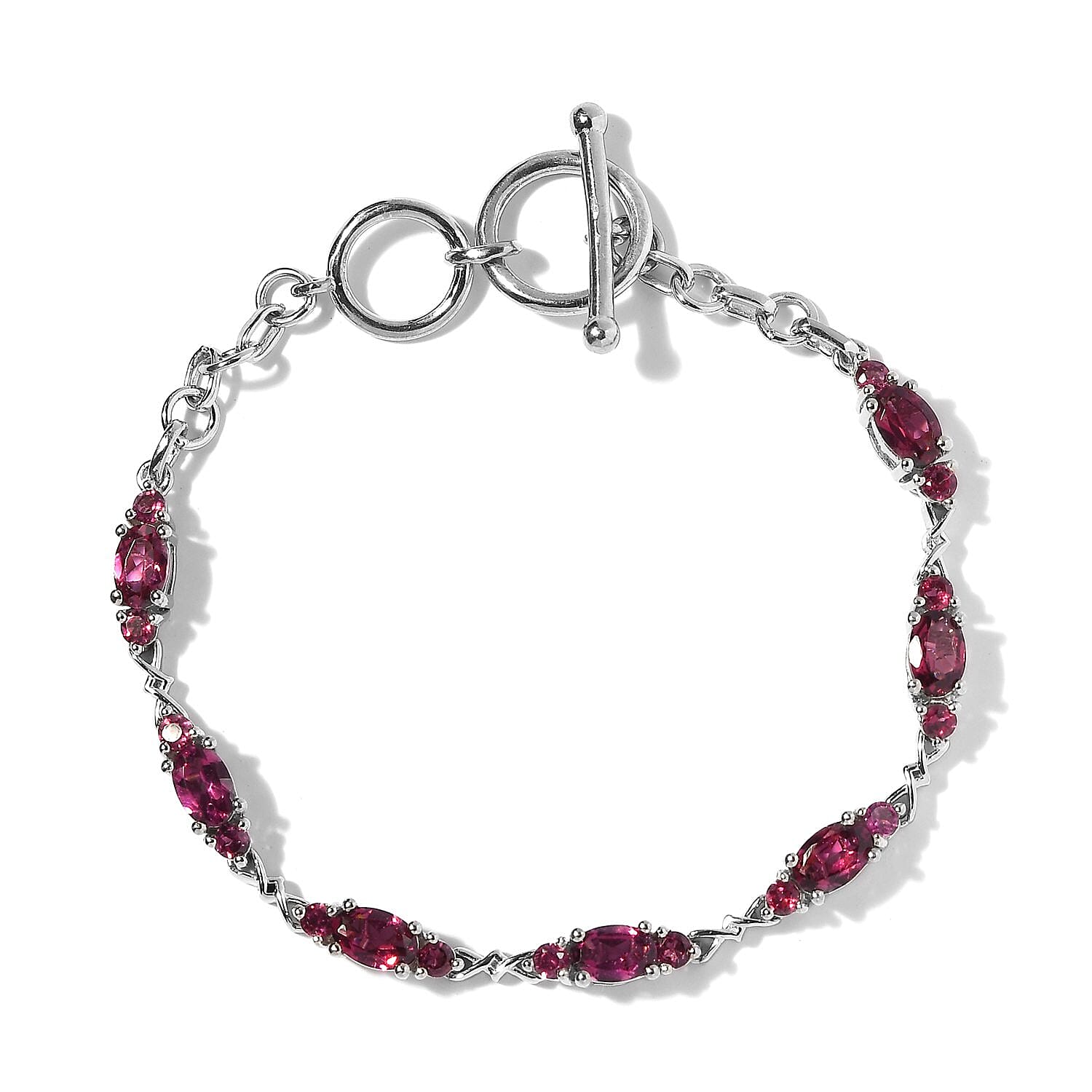 Natural Tanzanian Wine Garnet Toggle Clasp Bracelet in Platinum Over Sterling Silver (6.50 In) 5.40 ctw