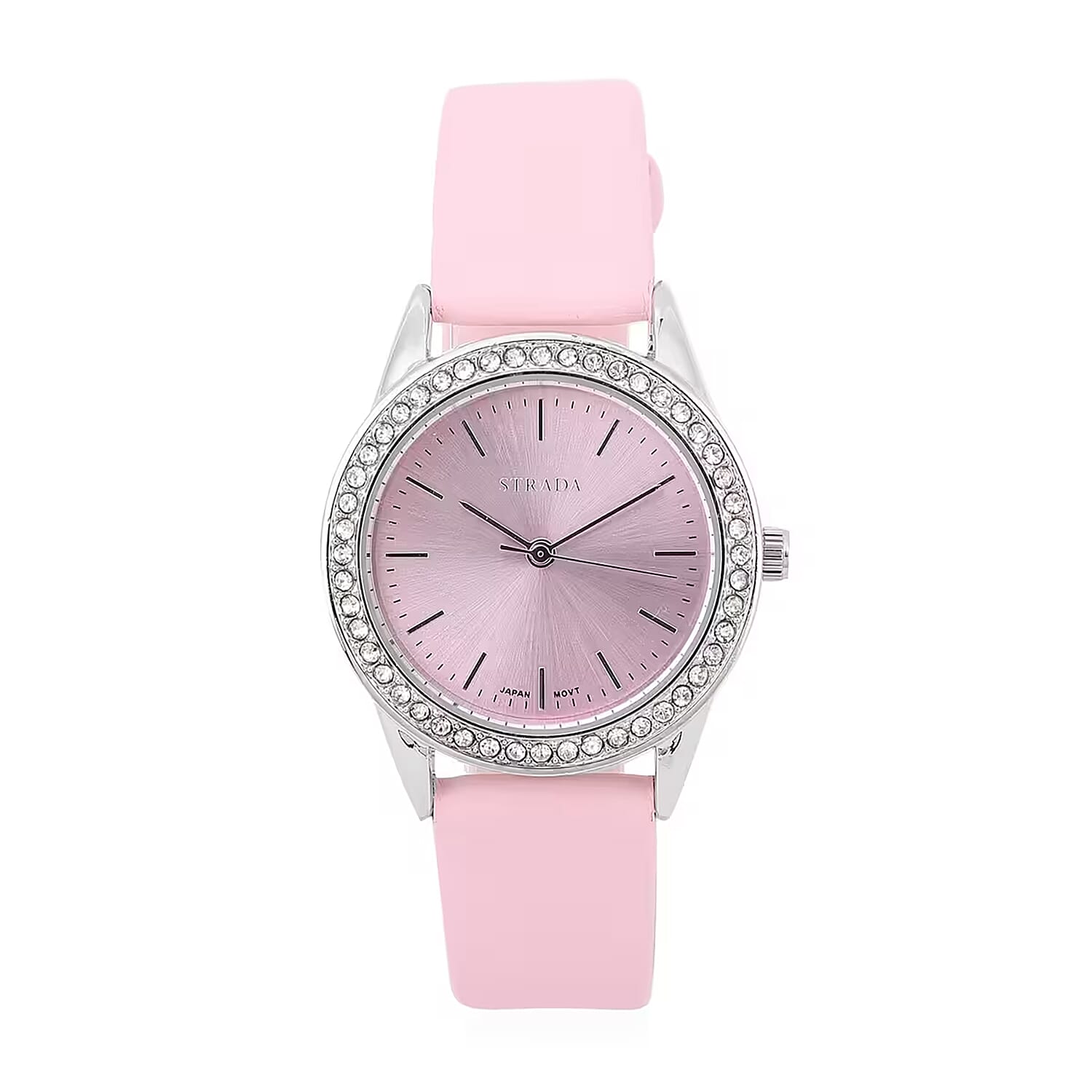 STRADA Austrian Crystal Japanese Movement Watch with Pink Faux Leather Strap and Stainless Steel Back