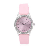 STRADA Austrian Crystal Japanese Movement Watch with Pink Faux Leather Strap and Stainless Steel Back