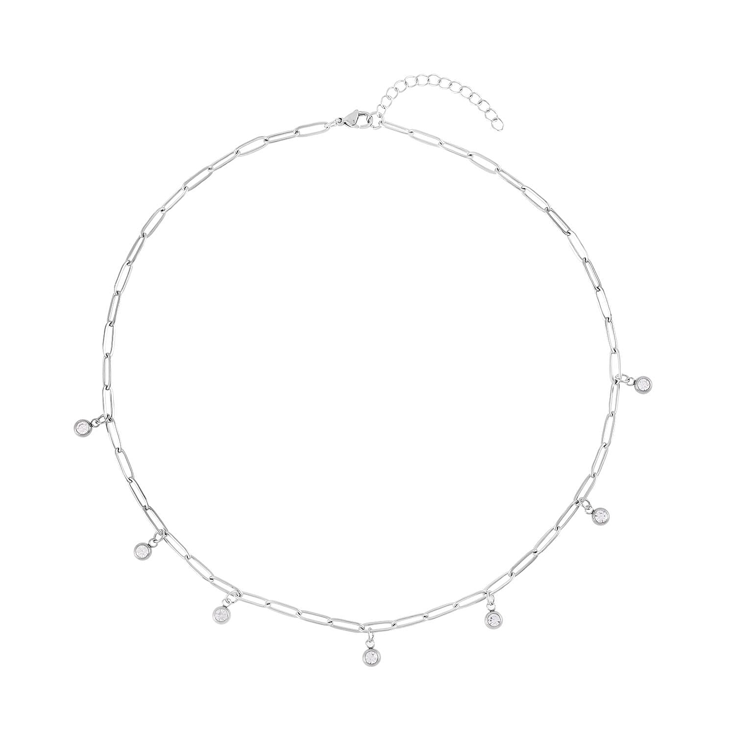 Austrian Crystal Paper Clip Chain Station Necklace 20-22 Inches in Stainless Steel