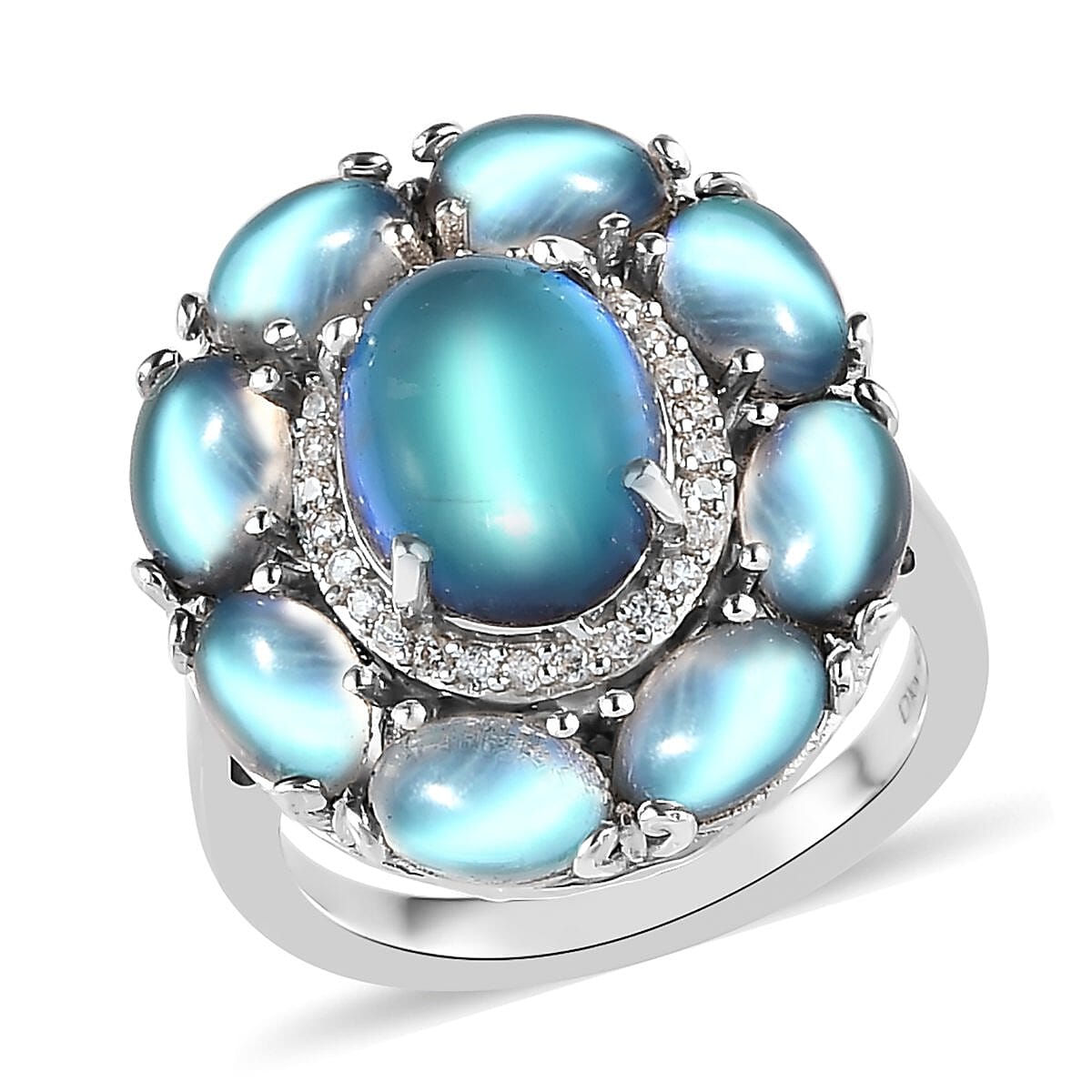 Aurora Moonstone, Natural White Zircon Ring in Platinum Over Sterling Silver (Size 6.0) 7.50 ctw