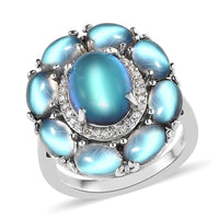 Aurora Moonstone, Natural White Zircon Ring in Platinum Over Sterling Silver (Size 6.0) 7.50 ctw