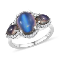 Aurora Moonstone, Natural White Zircon Ring in Platinum Over Sterling Silver (Size 10.0) 4.40 ctw