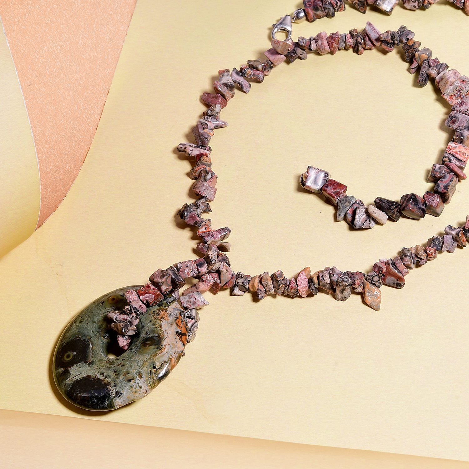 Jasper and Rhodonite Beaded and Chips Necklace 20 Inches in Sterling Silver 209.50 ctw