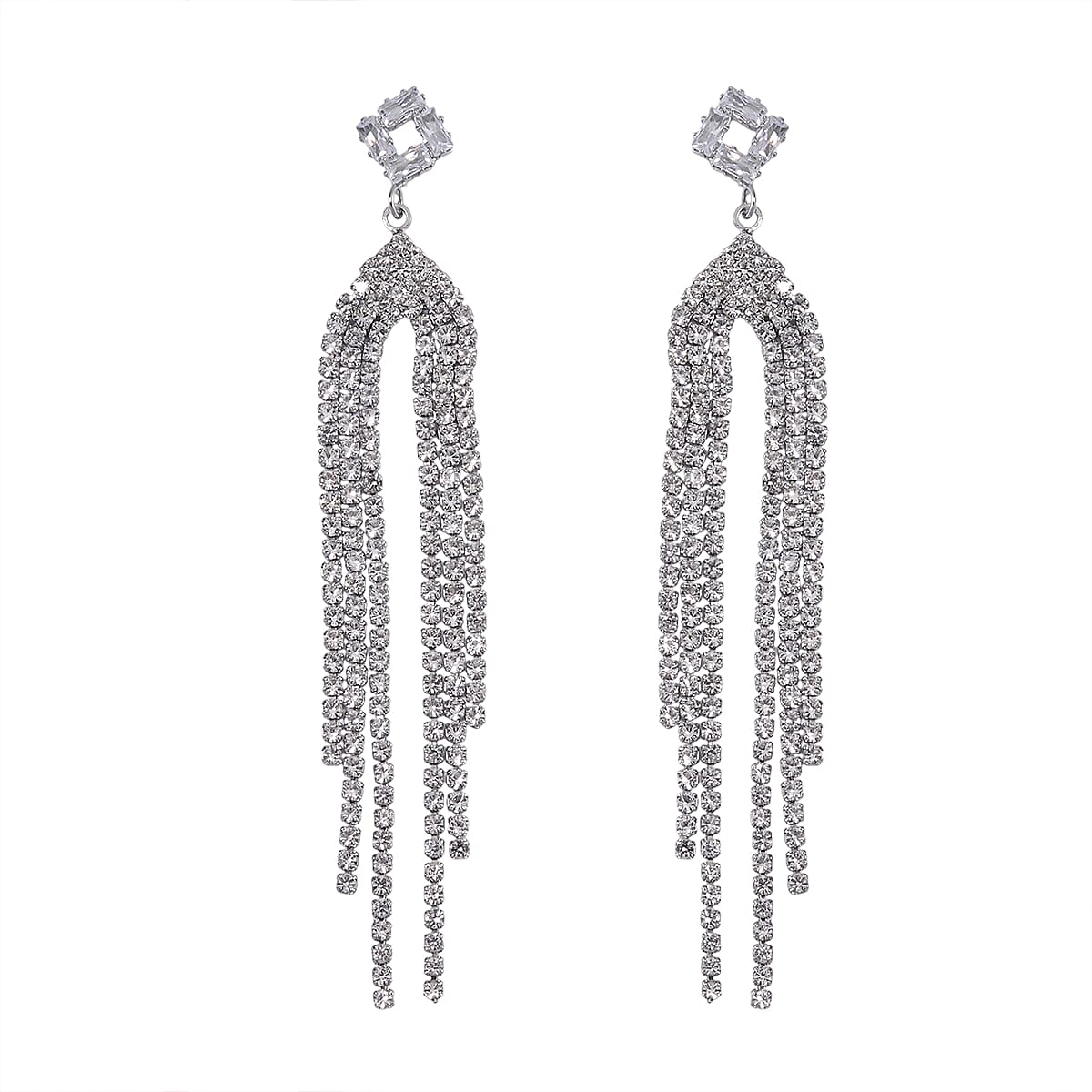 Simulated Diamond Tassel Drop Earrings in Silvertone