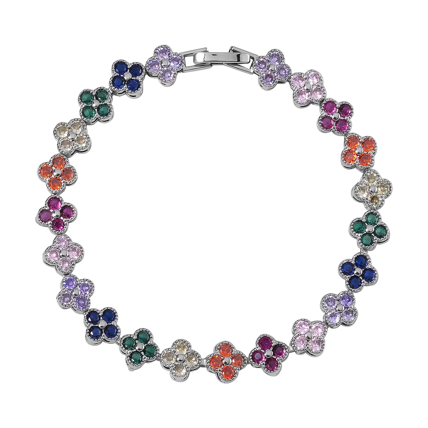 Simulated Multi Color Diamond Floral Bracelet in Silvertone (7.50 In) 10.00 ctw