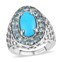 Premium American Natural Sleeping Beauty Turquoise and Electric Blue Topaz Halo Ring in Platinum Over Sterling Silver 7.50 Grams 4.50 ctw