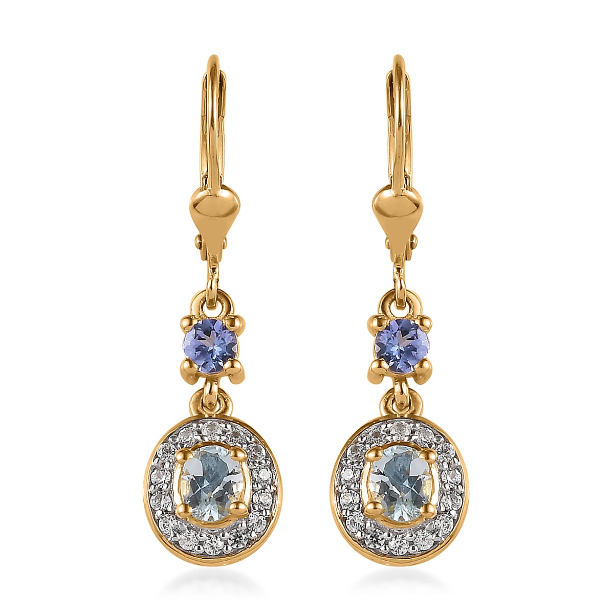 Premium Mangoro Aquamarine and Multi Gemstone Halo Lever Back Earrings in Vermeil Yellow Gold Over Sterling Silver 1.25 ctw