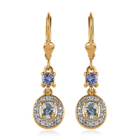 Premium Mangoro Aquamarine and Multi Gemstone Halo Lever Back Earrings in Vermeil Yellow Gold Over Sterling Silver 1.25 ctw