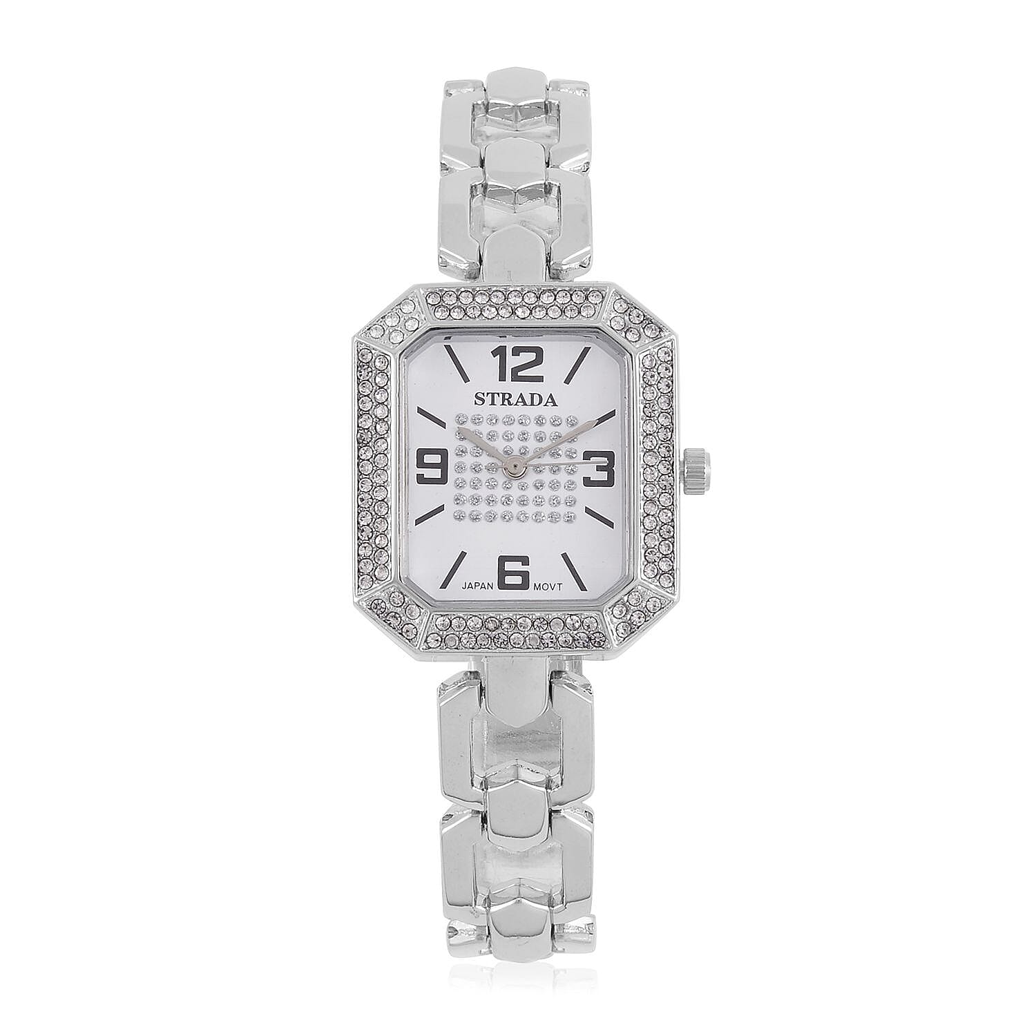 Strada Austrian Crystal Japanese Movement Watch with Silvertone Strap (31.75mm-27.94mm) (7.00-8.5 Inches)