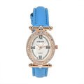 Strada White Austrian Crystal Japanese Movement Watch in Rosetone with Blue Faux Leather Strap (27.94-34.29mm) (6.75-8.50 Inches) - Sticky add to cart bar