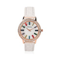 Strada Austrian Crystal & Multi Color Glass Japanese Movement Watch in Rosetone with White Faux Leather Strap (36.06 mm) (7.00-8.5mm) - Sticky add to cart bar