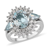 Premium Mangoro Aquamarine, White Zircon Cocktail Ring in Platinum Over Sterling Silver (Size 10.0) 3.85 ctw