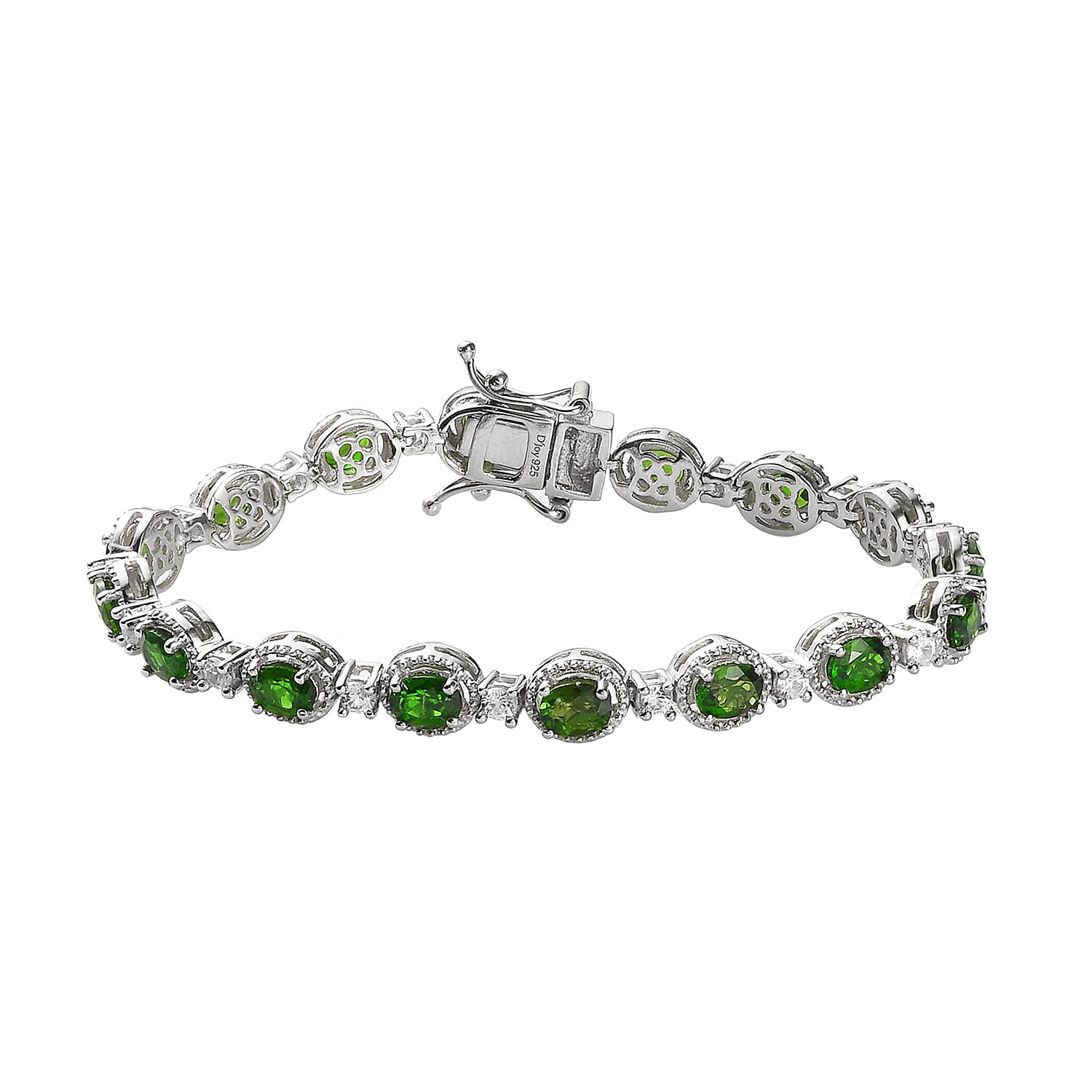 Natural Chrome Diopside and Natural White Zircon Link Bracelet in Platinum Over Sterling Silver (6.50 In) 11.85 Grams 7.75 ctw