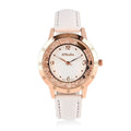Strada White Austrian Crystal Japanese Movement Watch in Rosetone with White Faux Leather Strap (35.56mm) (6.75-8.5 Inches) - Sticky add to cart bar