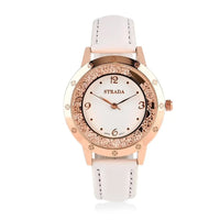 Strada White Austrian Crystal Japanese Movement Watch in Rosetone with White Faux Leather Strap (35.56mm) (6.75-8.5 Inches)