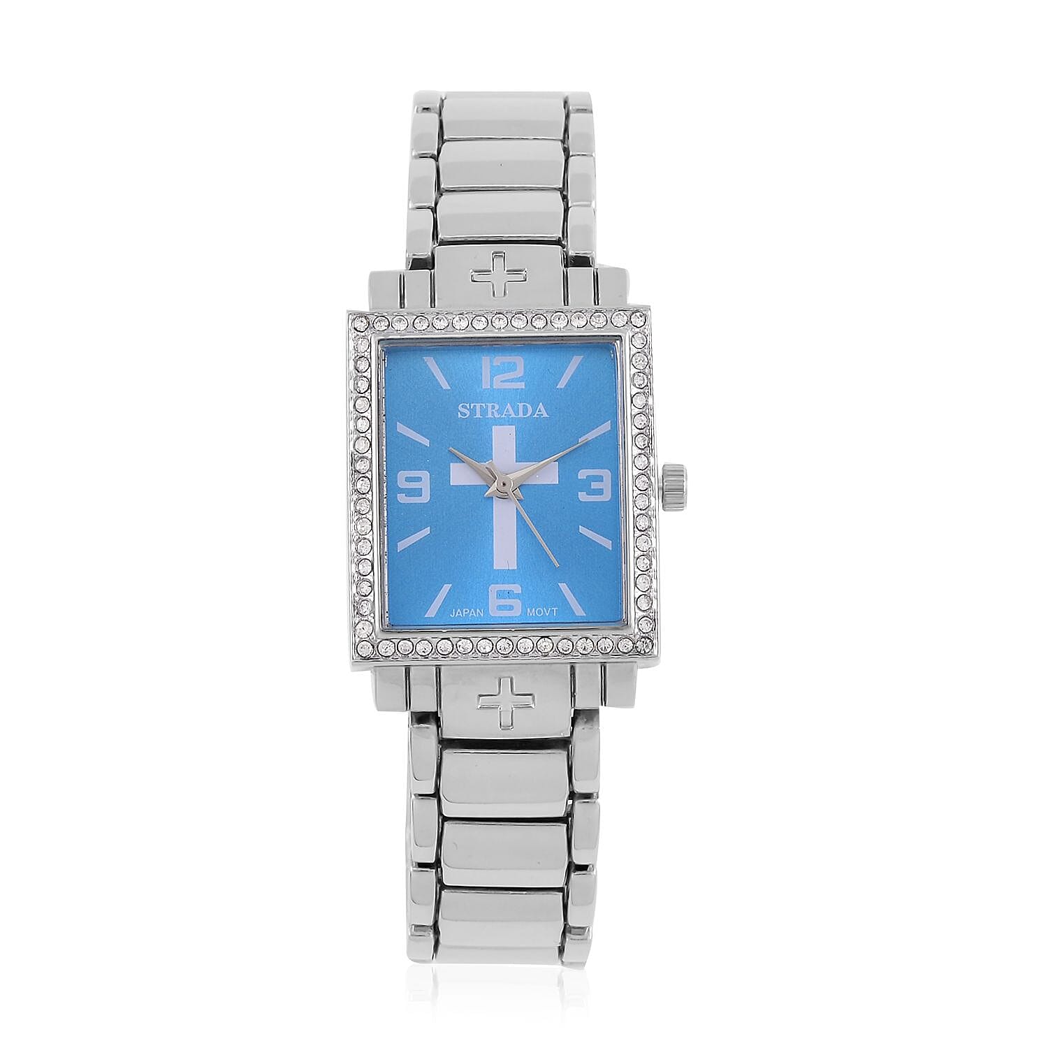 Strada White Austrian Crystal Japanese Movement Cross Pattern & Pink Dial Watch with Silvertone Strap (26.16-30.48 mm) (6.75-8.25 Inches)