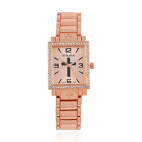Strada White Austrian Crystal Japanese Movement Cross Pattern & Pink Dial Watch with Silvertone Strap (26.16-30.48 mm) (6.75-8.25 Inches)