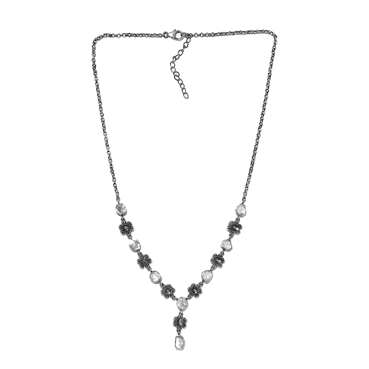 Artisan Crafted Polki Diamond Floral Station Necklace 18 Inches in Sterling Silver 9 Grams 1.50 ctw