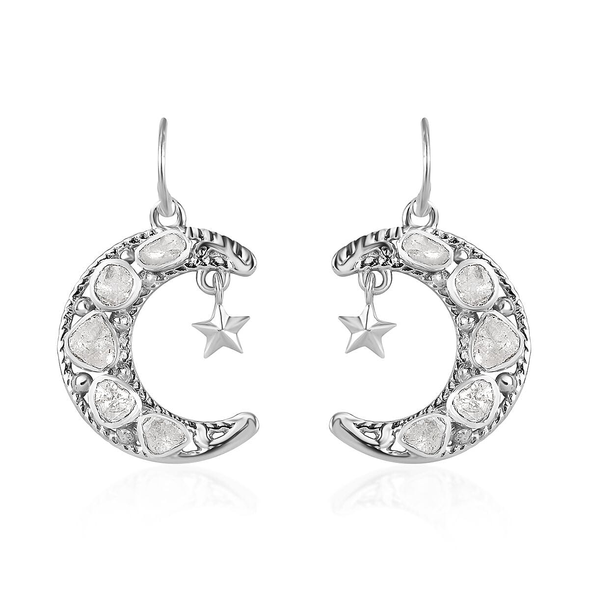 Artisan Crafted Polki Diamond Star and Moon Earrings in Sterling Silver 1.00 ctw
