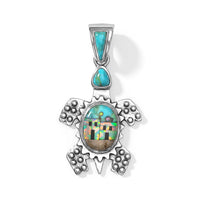 Santa Fe Style Lab Created Opal, Multi Gemstone Turtle Pendant in Sterling Silver