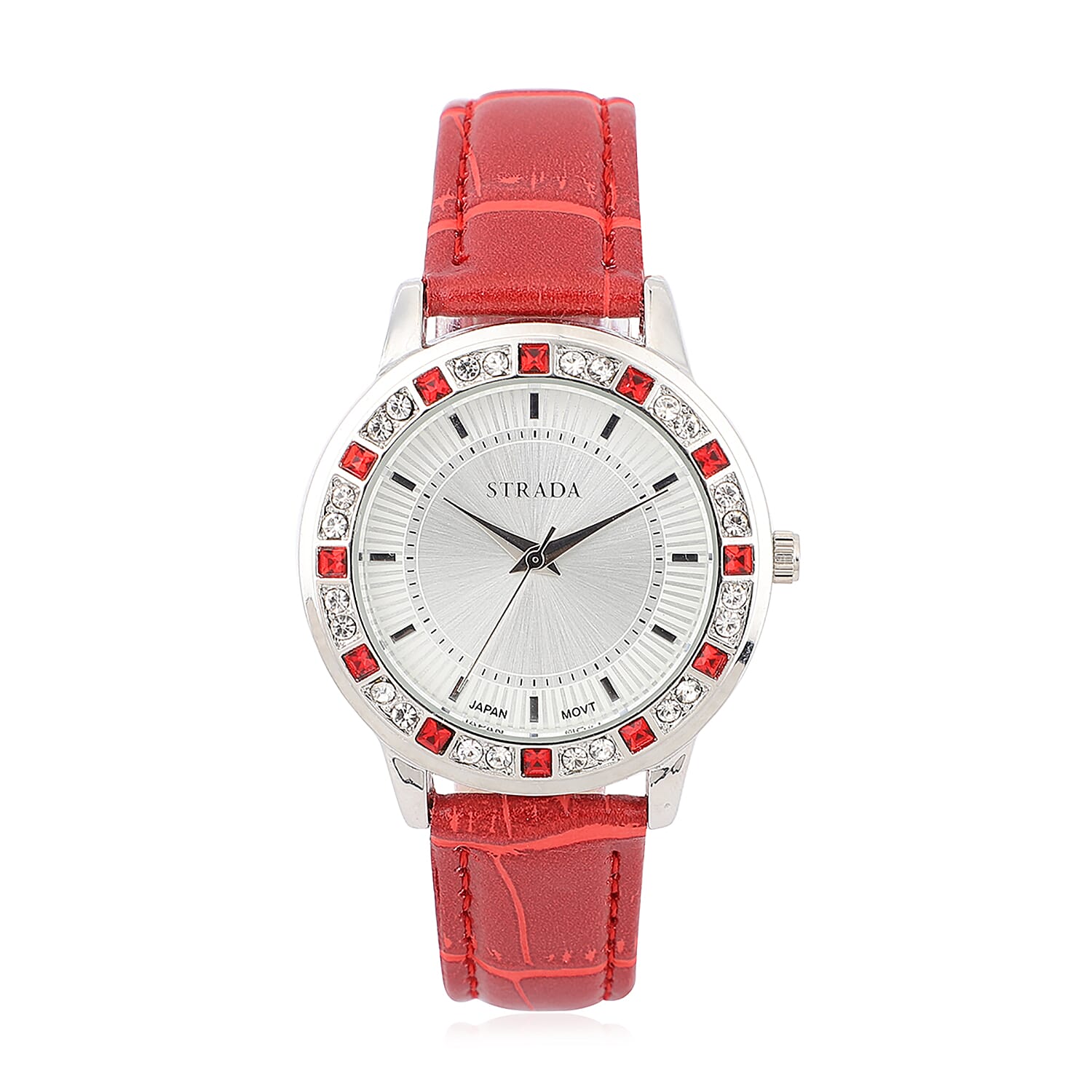 STRADA Red and White Austrian Crystal Japanese Movement Watch with Red Faux Leather Strap and Stainless Steel Back