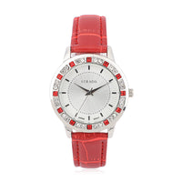 STRADA Red and White Austrian Crystal Japanese Movement Watch with Red Faux Leather Strap and Stainless Steel Back