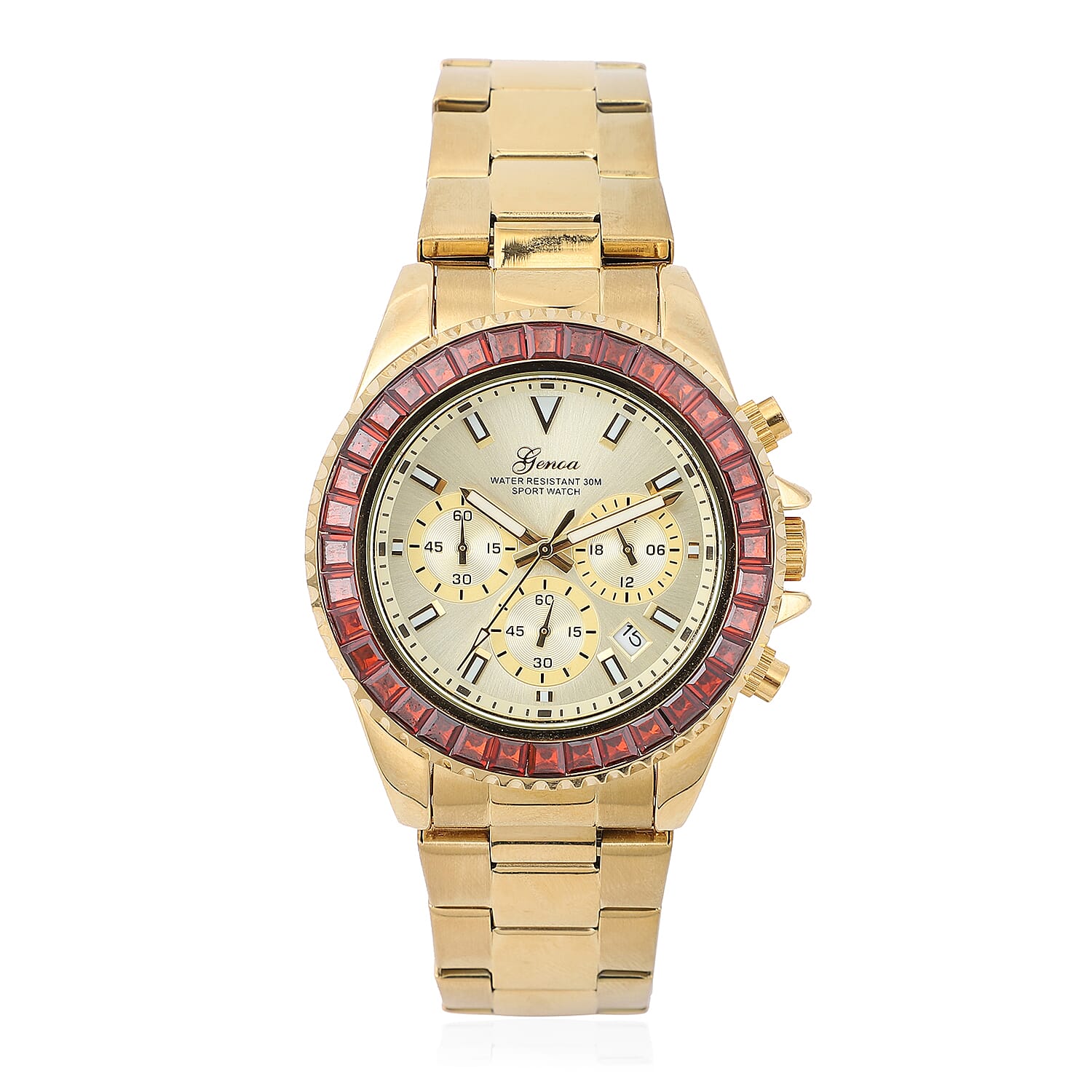 LUSTRO STELLA GENOA Simulated Black Diamond Multi-Function Quartz Movement Watch in ION Plated Black and YG Stainless Steel (Ships in 5-7 Business Days) 6.50 ctw