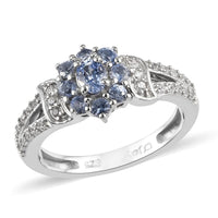 Ceylon Blue Sapphire and Zircon Flower Ring in Platinum Over Sterling Silver (Size 10.0) 0.85 ctw