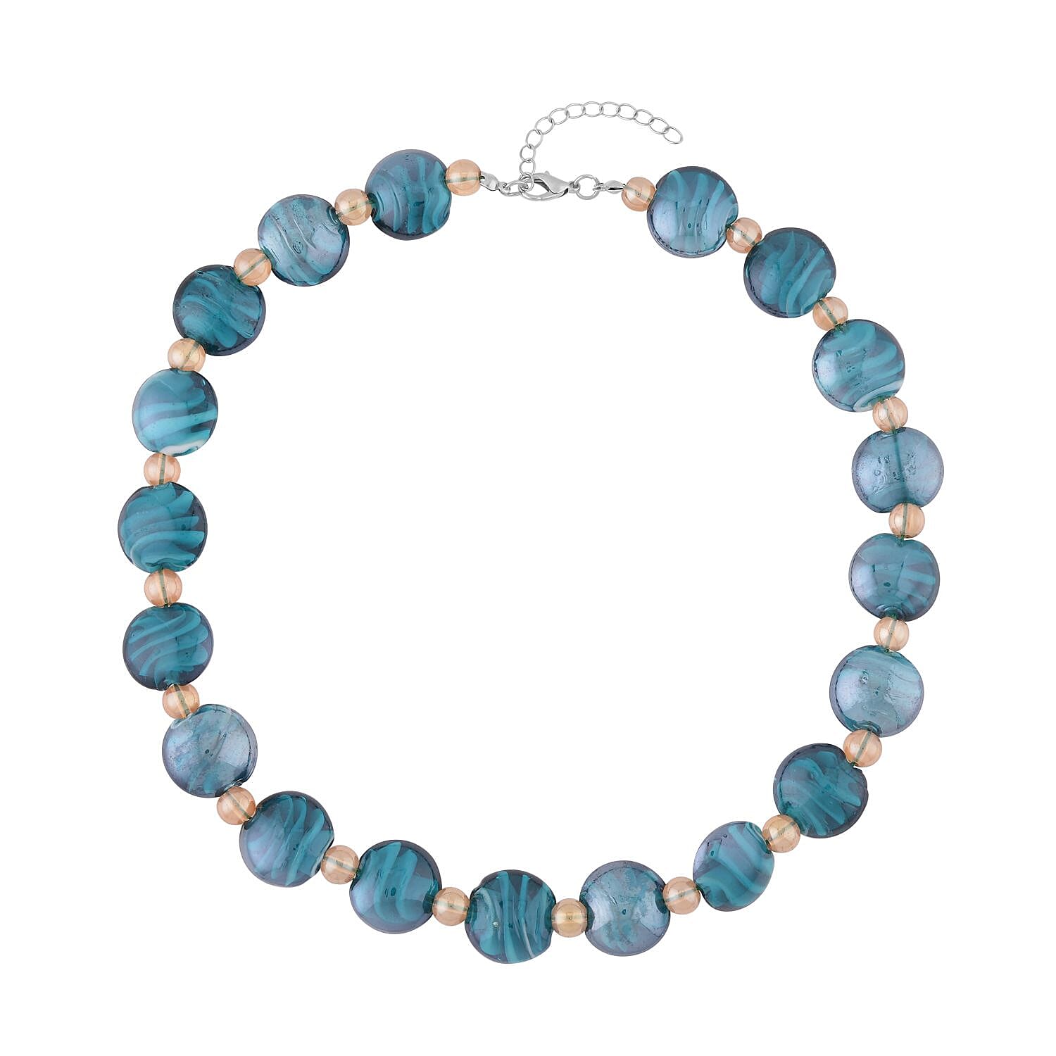 Blue Color Murano Glass and Champagne Glass Beaded Necklace 20-22 Inches in Silvertone